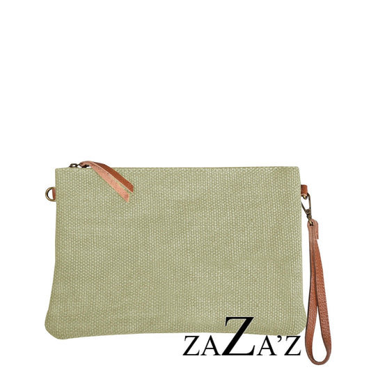 jute clutch met leren details olijf