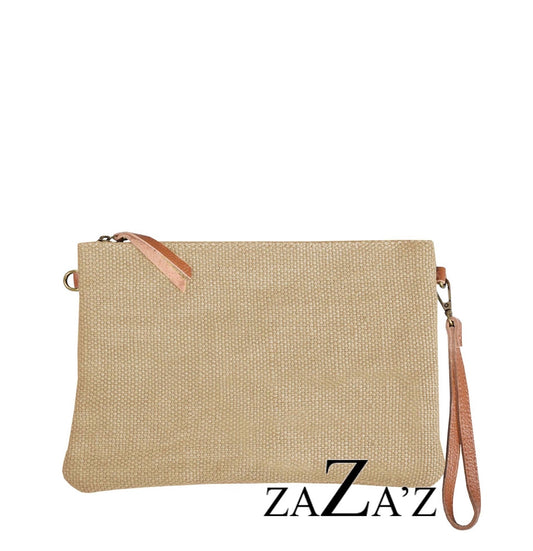 jute clutch met leren details naturel