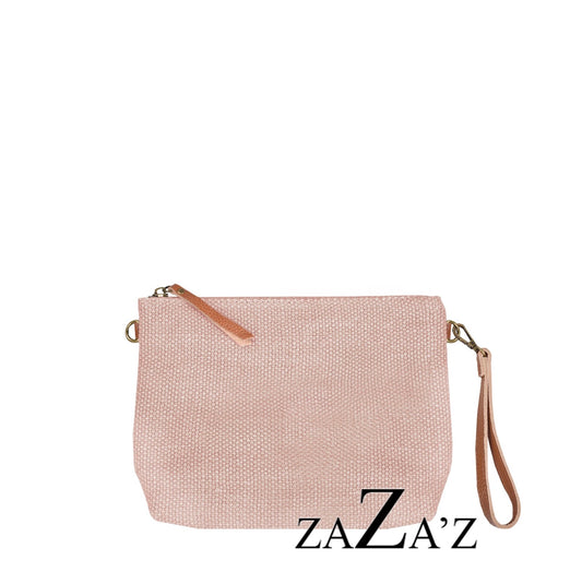 jute clutch met leren details roze